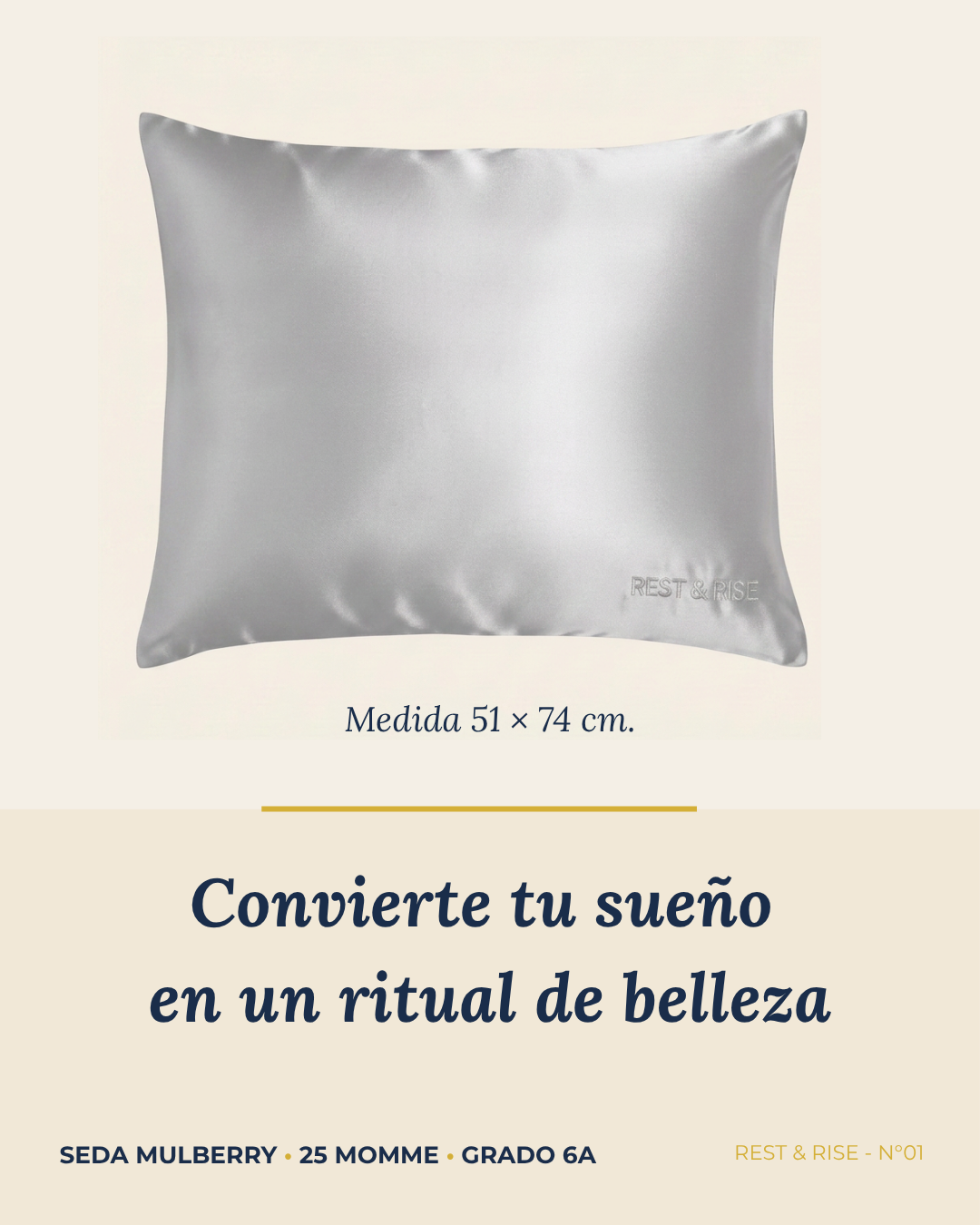 Funda de almohada de seda mulberry 25 momme color Espejo del Salar, medida queen 51 × 74 cm.