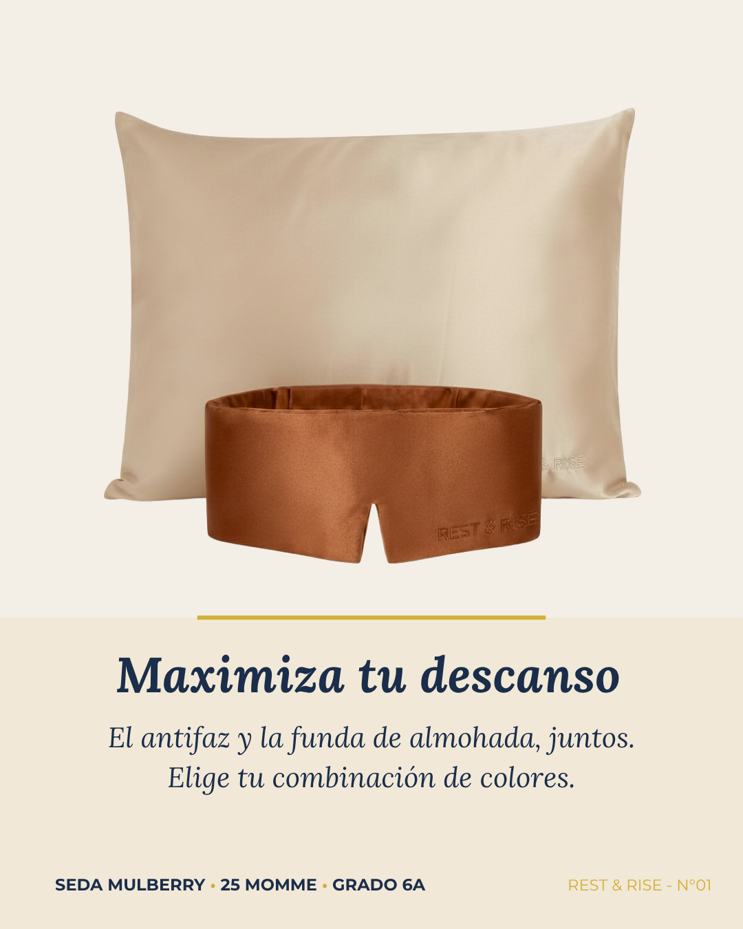 Set de 1 funda de seda Arena del Desierto y 1 antifaz Cobre Atacama sobre fondo marfil.