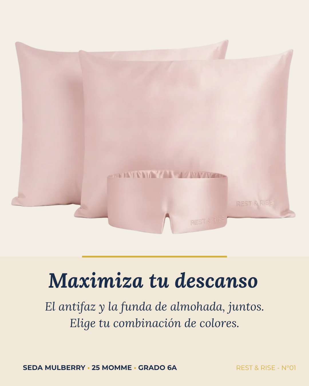 Set de 2 fundas de seda Rosa Atardecer y 1 antifaz Rosa Atardecer sobre fondo marfil.
