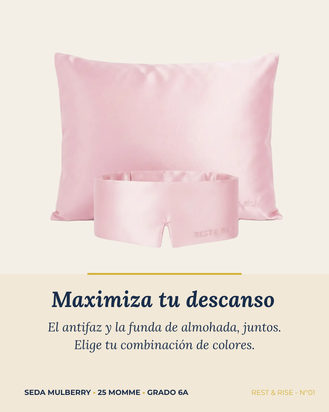 Set de 1 funda de seda Rosa Atardecer y 1 antifaz Rosa Atardecer sobre fondo marfil.