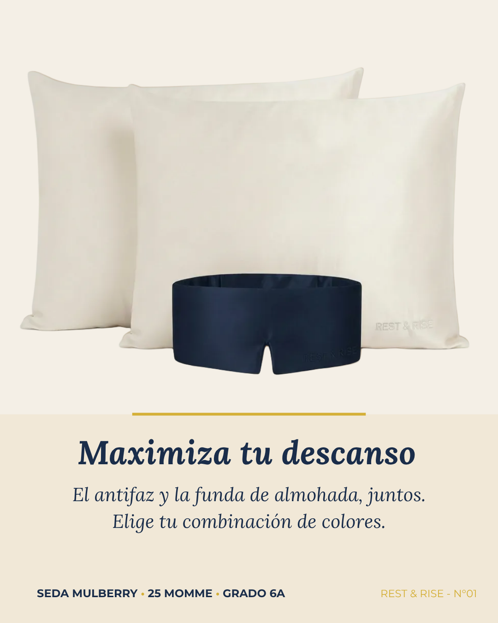 Set de 2 fundas de seda Niebla Andina y 1 antifaz Mar Profundo sobre fondo marfil.