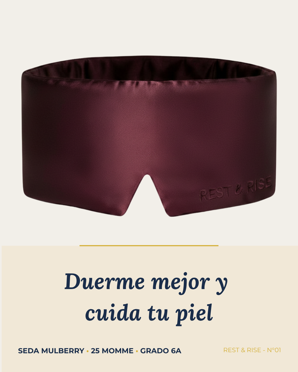 Antifaz de seda mulberry 25 momme color Carmenere, sobre fondo marfil.