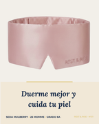 Antifaz de seda mulberry 25 momme color Rosa Atardecer, sobre fondo marfil.