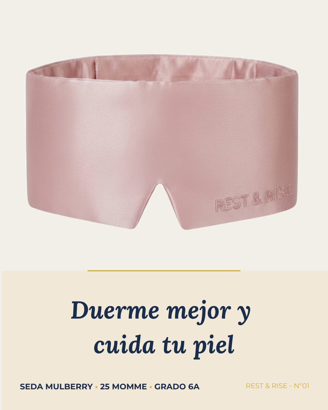 Antifaz de seda mulberry 25 momme color Rosa Atardecer, sobre fondo marfil.