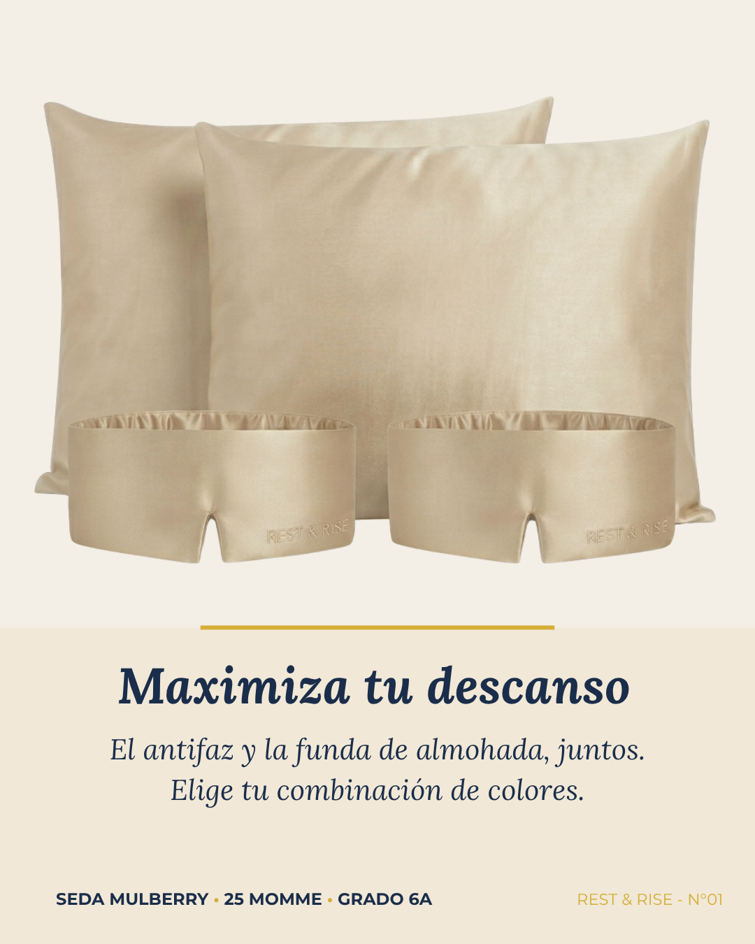 Set de 2 fundas de seda Arena del Desierto y 2 antifaces Arena del Desierto sobre fondo marfil.
