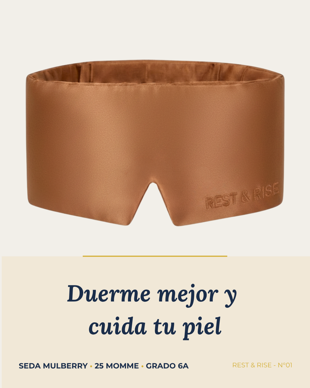 Antifaz de seda mulberry 25 momme color Cobre Atacama, sobre fondo marfil.