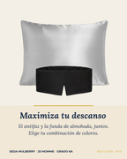 Set de 1 funda de seda Espejo del Salar y 1 antifaz Noche Oscura sobre fondo marfil.