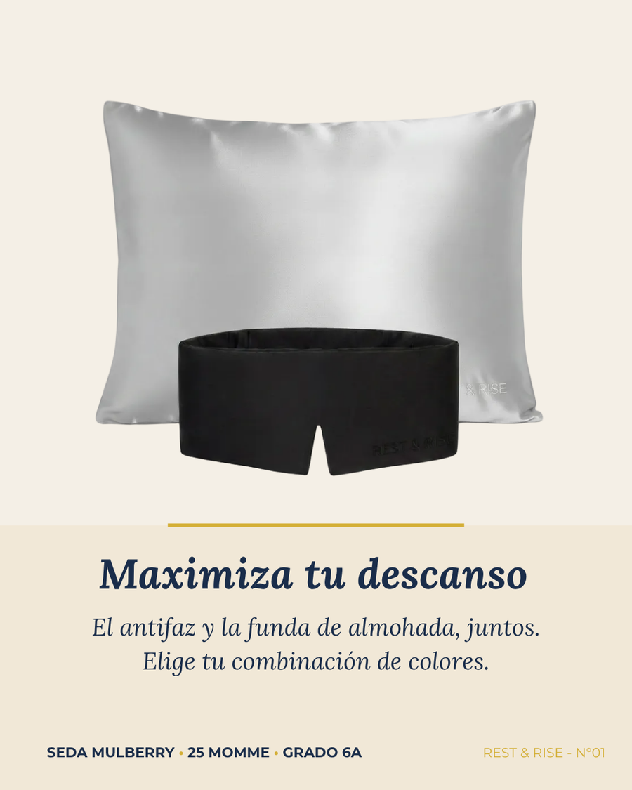 Set de 1 funda de seda Espejo del Salar y 1 antifaz Noche Oscura sobre fondo marfil.