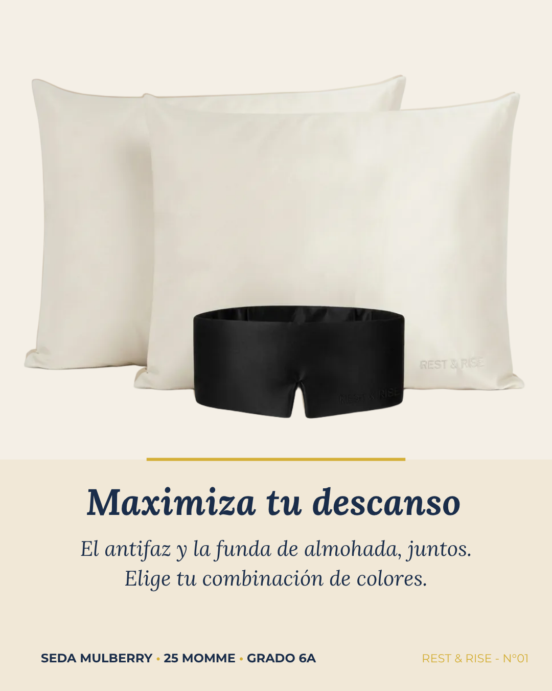 Set de 2 fundas de seda Niebla Andina y 1 antifaz Noche Oscura sobre fondo marfil.