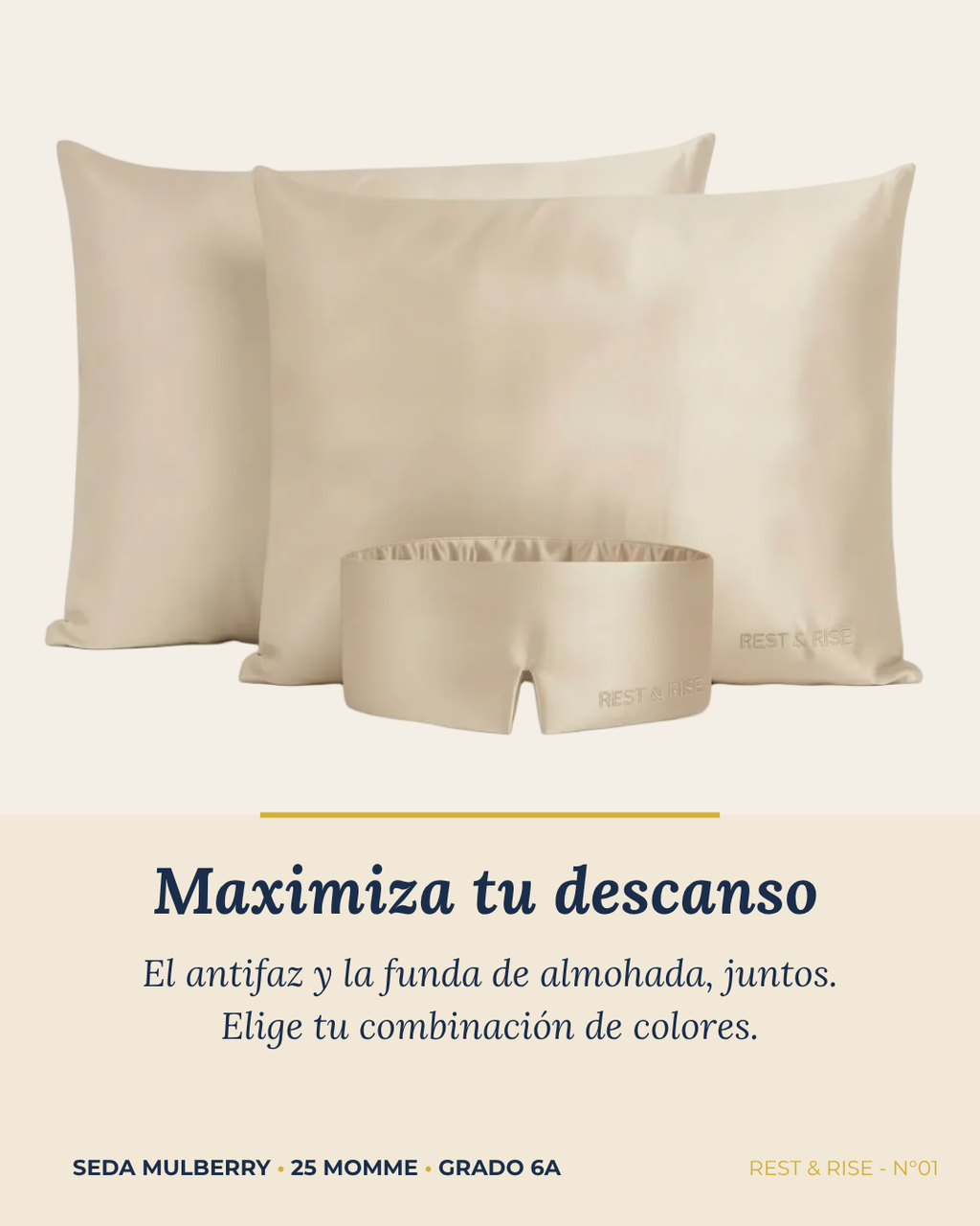 Set de 2 fundas de seda Arena del Desierto y 1 antifaz Arena del Desierto sobre fondo marfil.