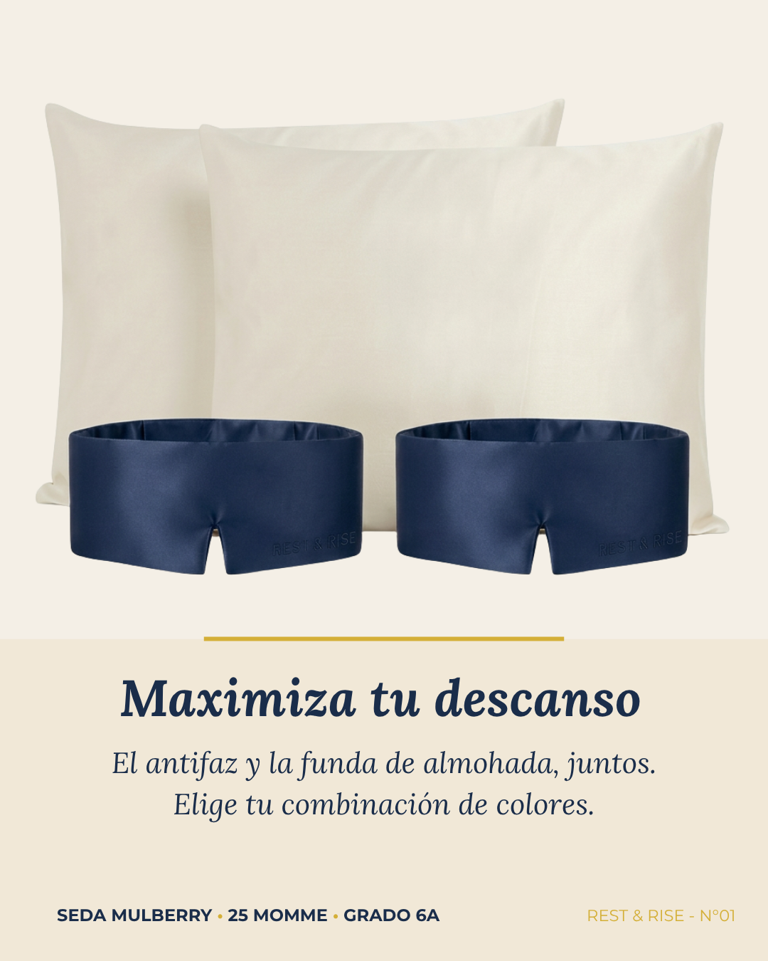 Set de 2 fundas de seda Niebla Andina y 2 antifaces Mar Profundo sobre fondo marfil.