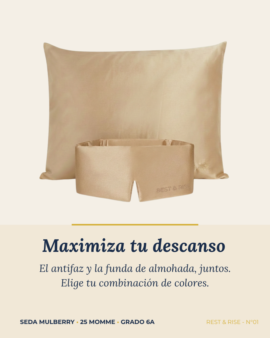 Set de 1 funda de seda Arena del Desierto y 1 antifaz Arena del Desierto sobre fondo marfil.