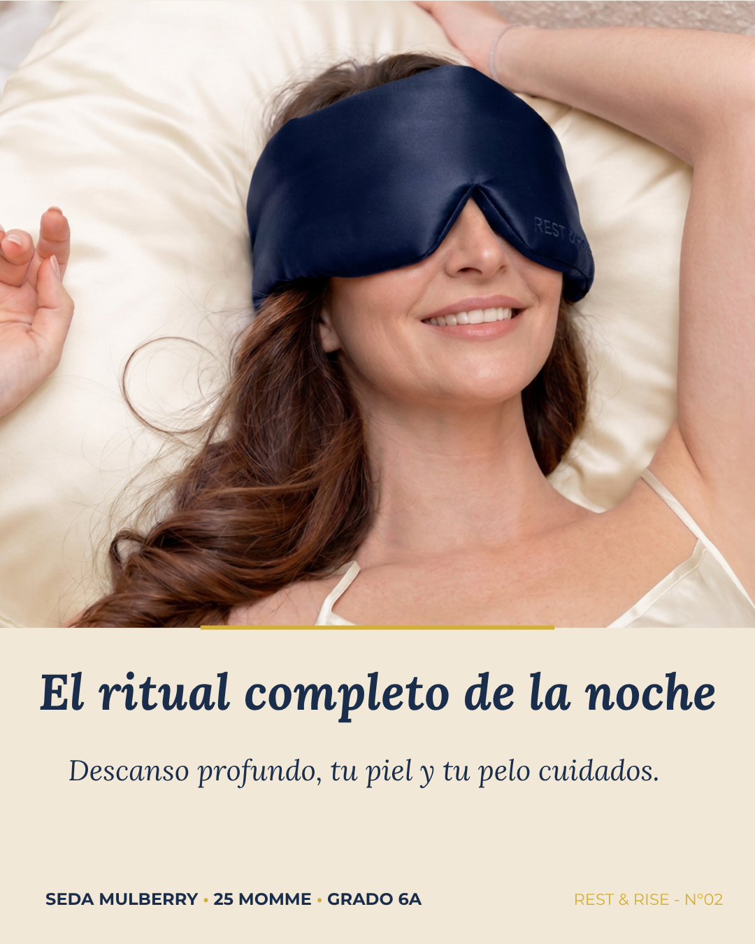 Mujer durmiendo con antifaz de seda sobre almohada de seda: el ritual completo de la noche.