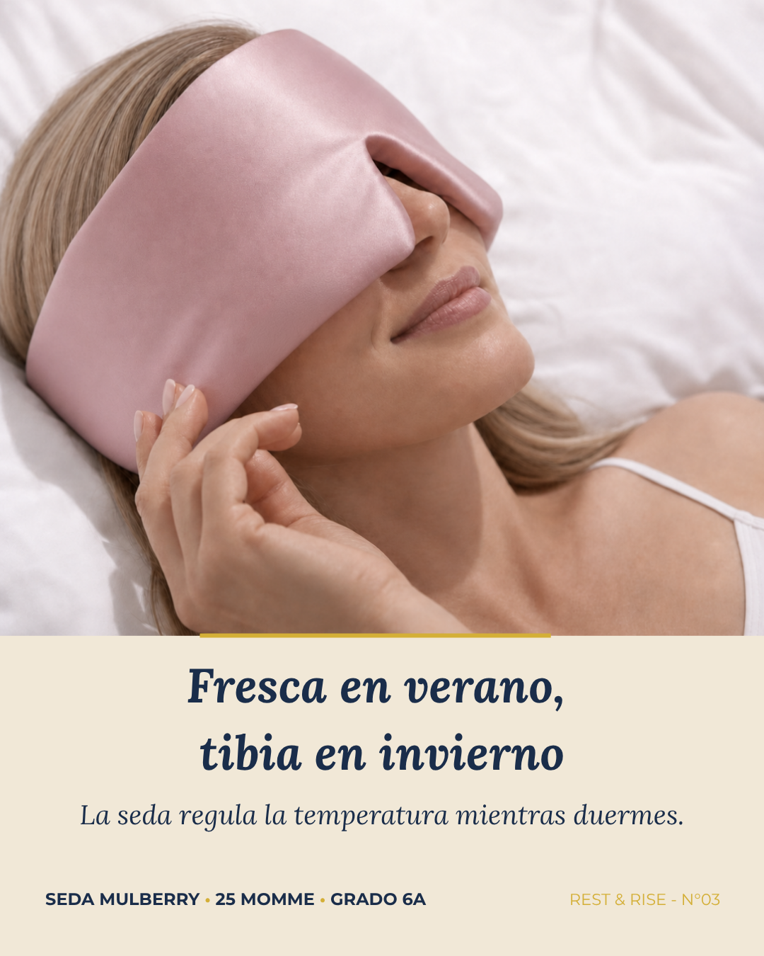 Primer plano del antifaz de seda Rosa Atardecer puesto; la seda regula la temperatura mientras duermes.