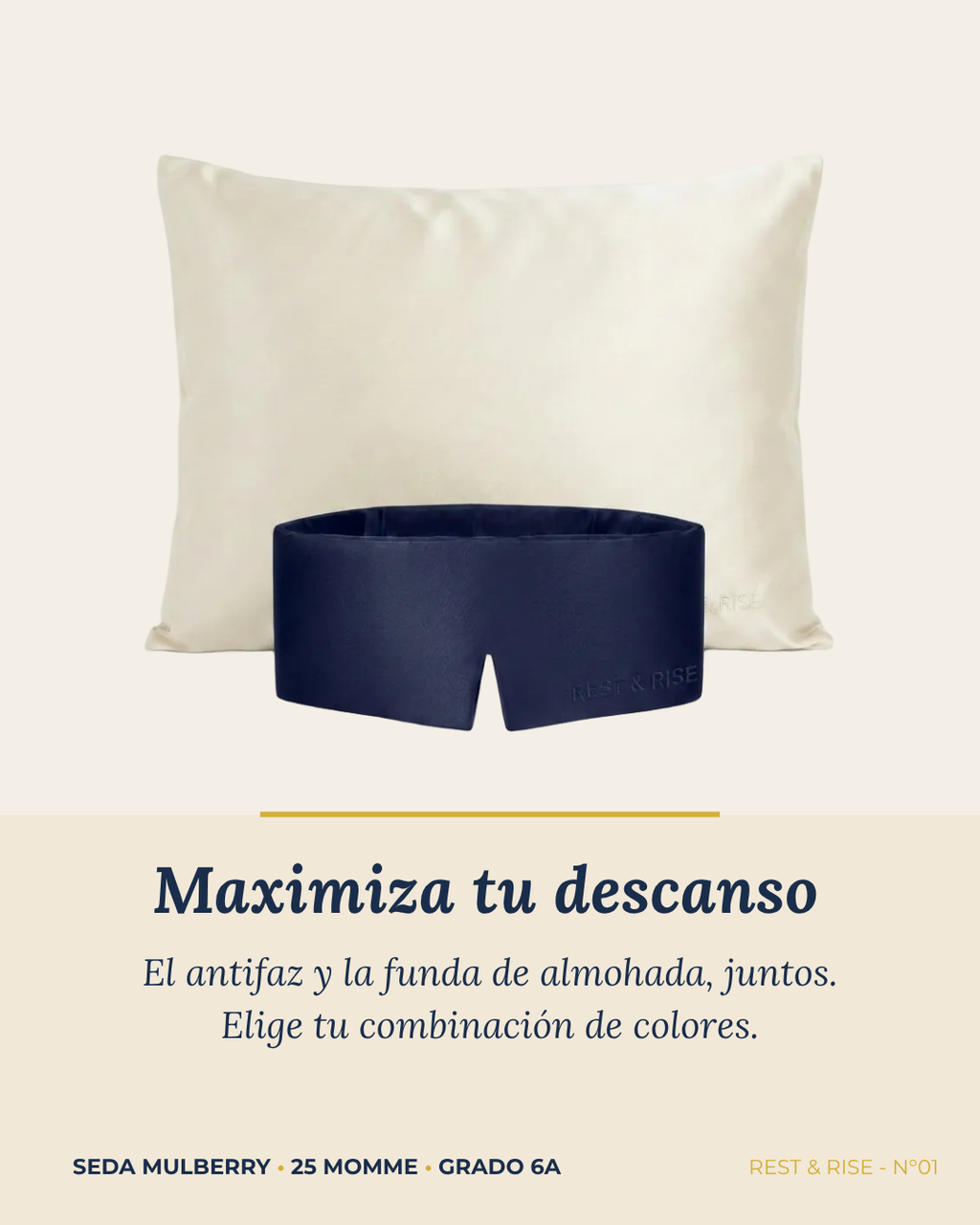 Set de 1 funda de seda Niebla Andina y 1 antifaz Mar Profundo sobre fondo marfil.