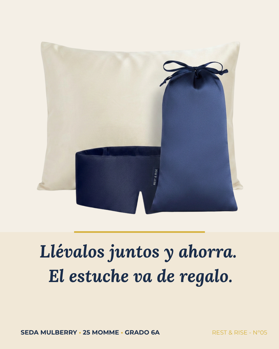 Funda de seda, antifaz y el estuche de seda que va de regalo al llevar el set.
