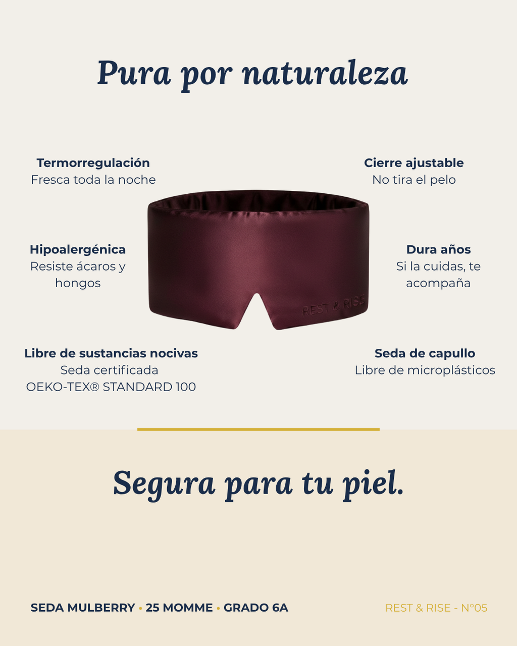 Ficha del antifaz de seda Carmenere: seda de capullo, hipoalergénica, termorregulación, cierre ajustable y libre de sustancias nocivas.