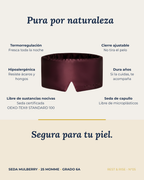 Ficha del antifaz de seda Carmenere: seda de capullo, hipoalergénica, termorregulación, cierre ajustable y libre de sustancias nocivas.