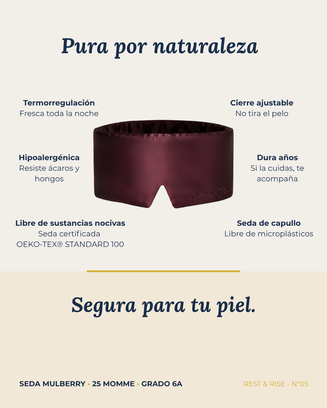 Ficha del antifaz de seda Carmenere: seda de capullo, hipoalergénica, termorregulación, cierre ajustable y libre de sustancias nocivas.