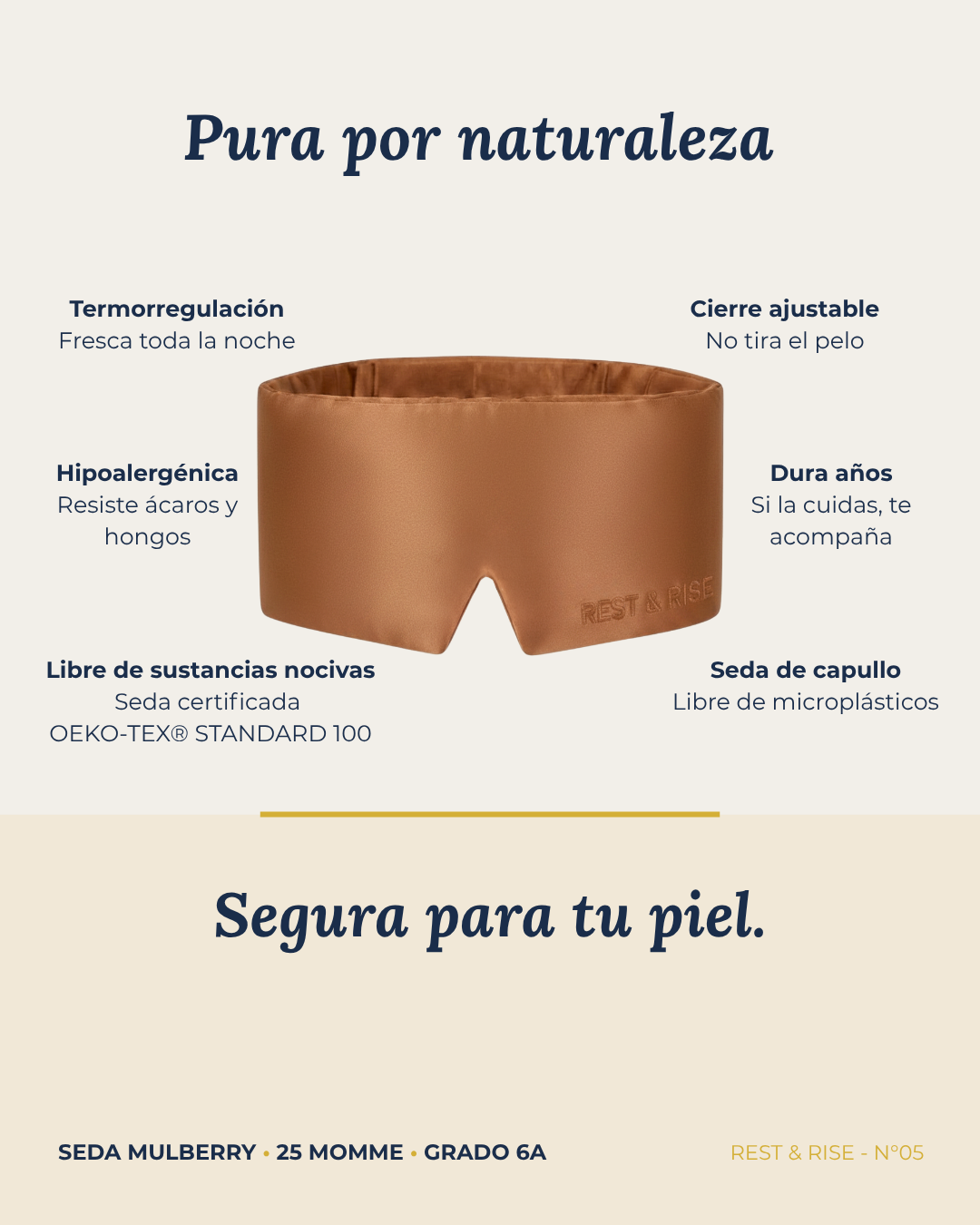 Ficha del antifaz de seda Cobre Atacama: seda de capullo, hipoalergénica, termorregulación, cierre ajustable y libre de sustancias nocivas.