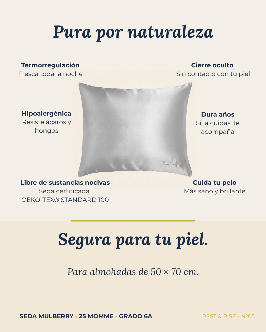 Ficha de la funda de seda Espejo del Salar: termorregulación, cierre oculto, hipoalergénica y libre de sustancias nocivas.