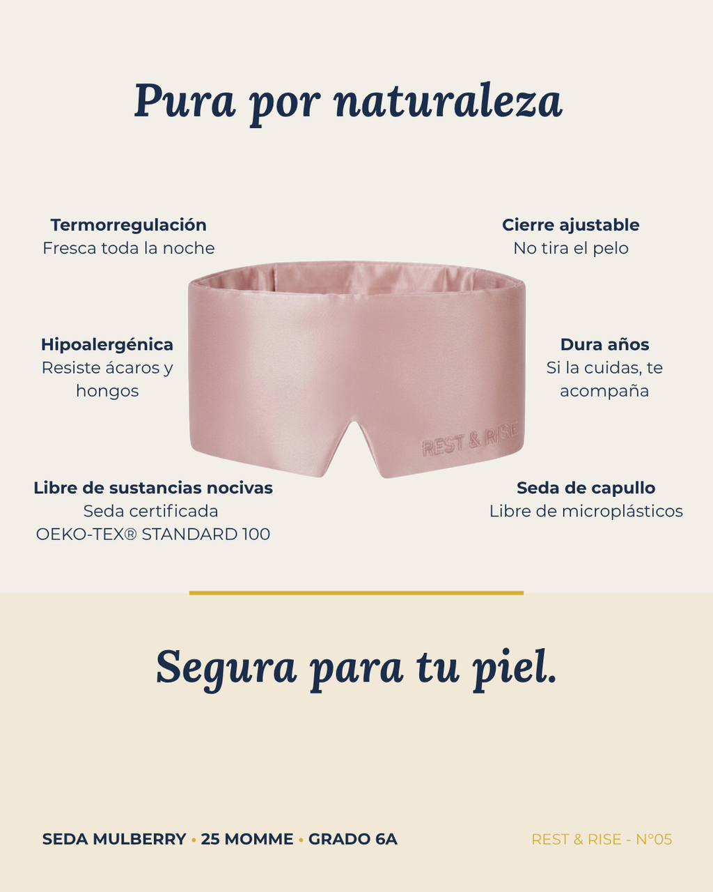 Ficha del antifaz de seda Rosa Atardecer: seda de capullo, hipoalergénica, termorregulación, cierre ajustable y libre de sustancias nocivas.