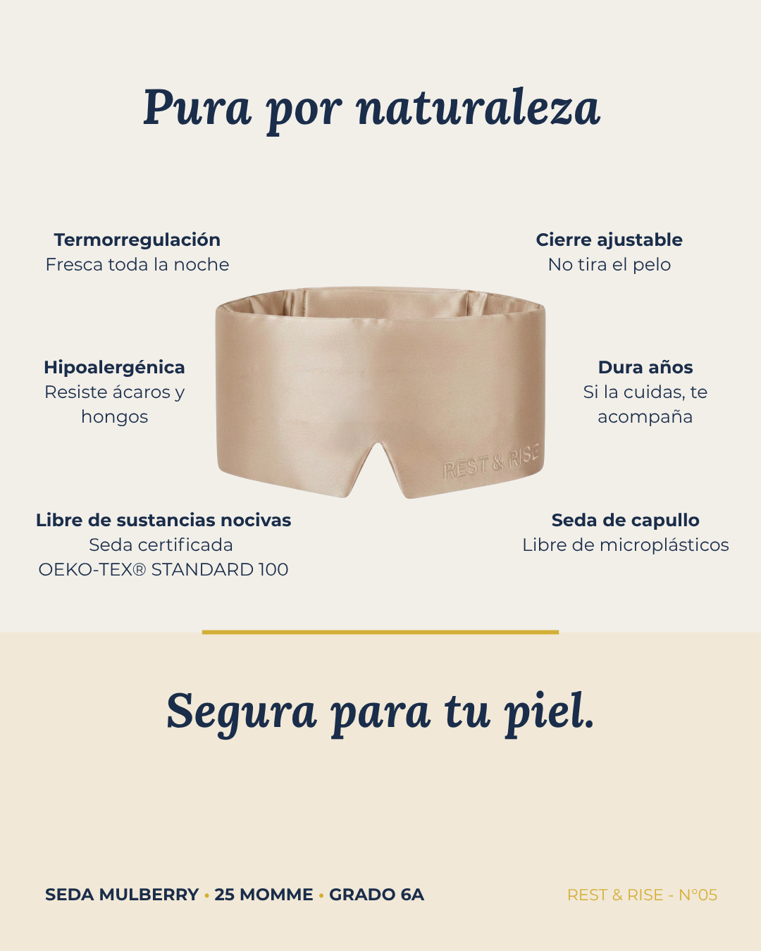 Ficha del antifaz de seda Arena del Desierto: seda de capullo, hipoalergénica, termorregulación, cierre ajustable y libre de sustancias nocivas.