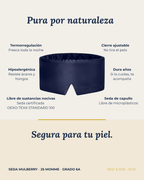 Ficha del antifaz de seda Mar Profundo: seda de capullo, hipoalergénica, termorregulación, cierre ajustable y libre de sustancias nocivas.