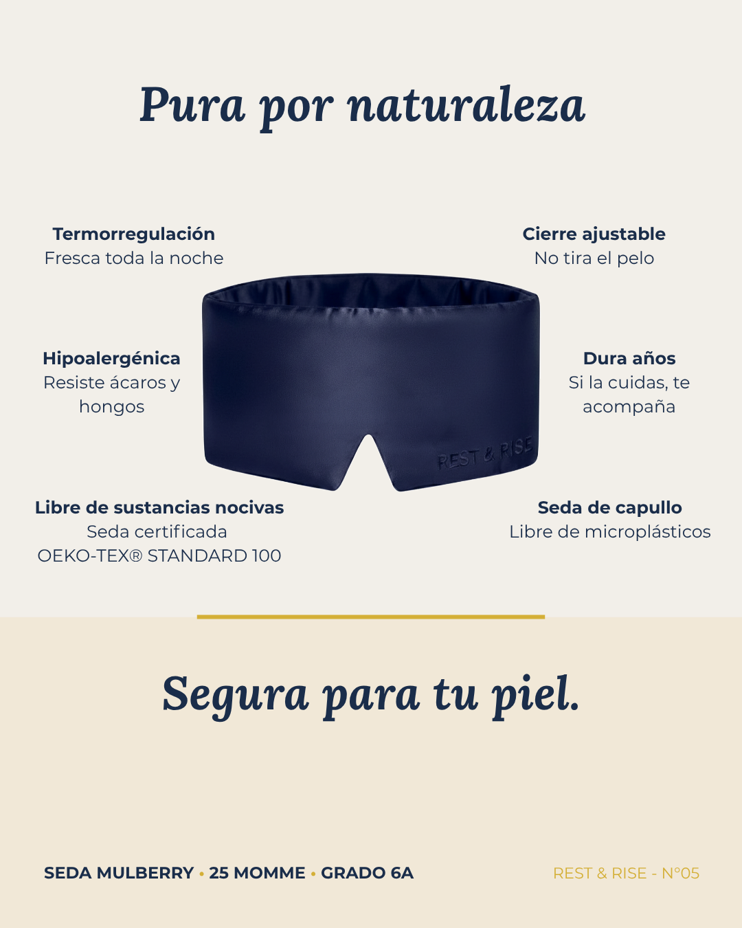Ficha del antifaz de seda Mar Profundo: seda de capullo, hipoalergénica, termorregulación, cierre ajustable y libre de sustancias nocivas.