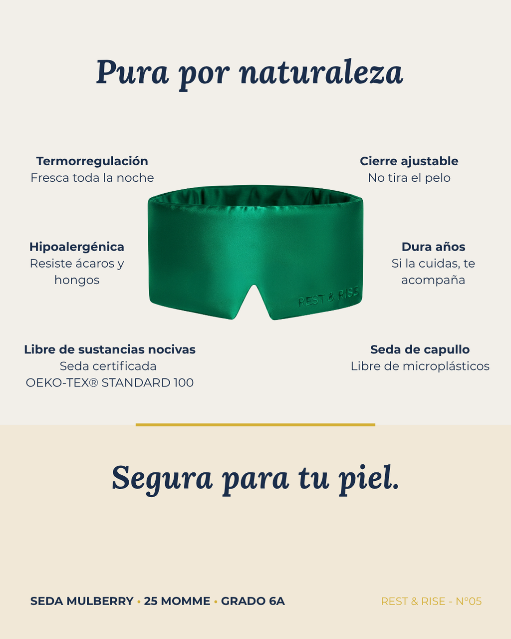 Ficha del antifaz de seda Bosque Valdiviano: seda de capullo, hipoalergénica, termorregulación, cierre ajustable y libre de sustancias nocivas.