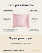 Ficha de la funda de seda Rosa Atardecer: termorregulación, cierre oculto, hipoalergénica y libre de sustancias nocivas.