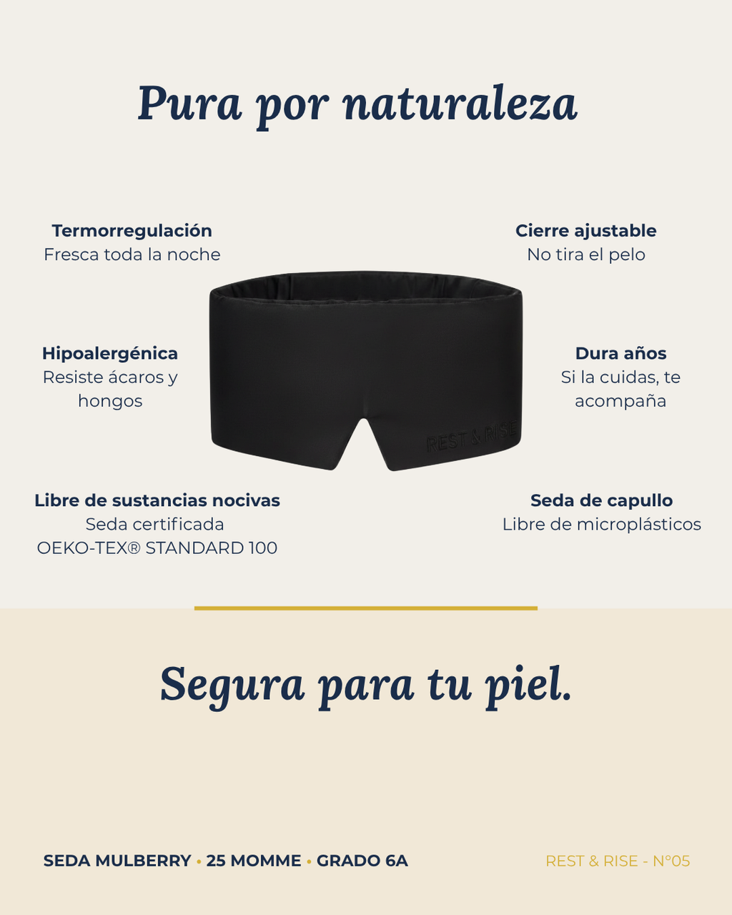 Ficha del antifaz de seda Noche Oscura: seda de capullo, hipoalergénica, termorregulación, cierre ajustable y libre de sustancias nocivas.