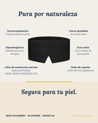 Ficha del antifaz de seda Noche Oscura: seda de capullo, hipoalergénica, termorregulación, cierre ajustable y libre de sustancias nocivas.