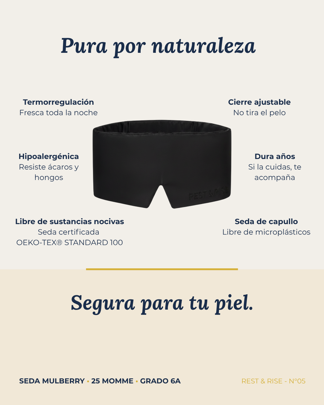 Ficha del antifaz de seda Noche Oscura: seda de capullo, hipoalergénica, termorregulación, cierre ajustable y libre de sustancias nocivas.