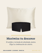 Set de 1 funda de seda Niebla Andina y 1 antifaz Noche Oscura sobre fondo marfil.