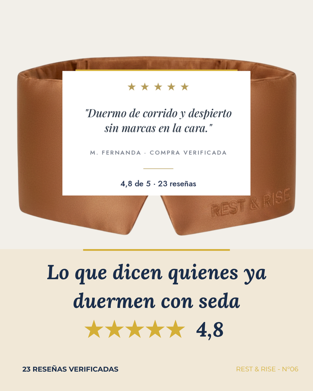 Reseña de una clienta sobre el antifaz de seda Cobre Atacama.