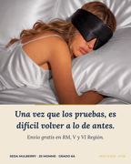 Mujer durmiendo de lado sobre almohada de seda con antifaz. Envío gratis en RM, V y VI Región.