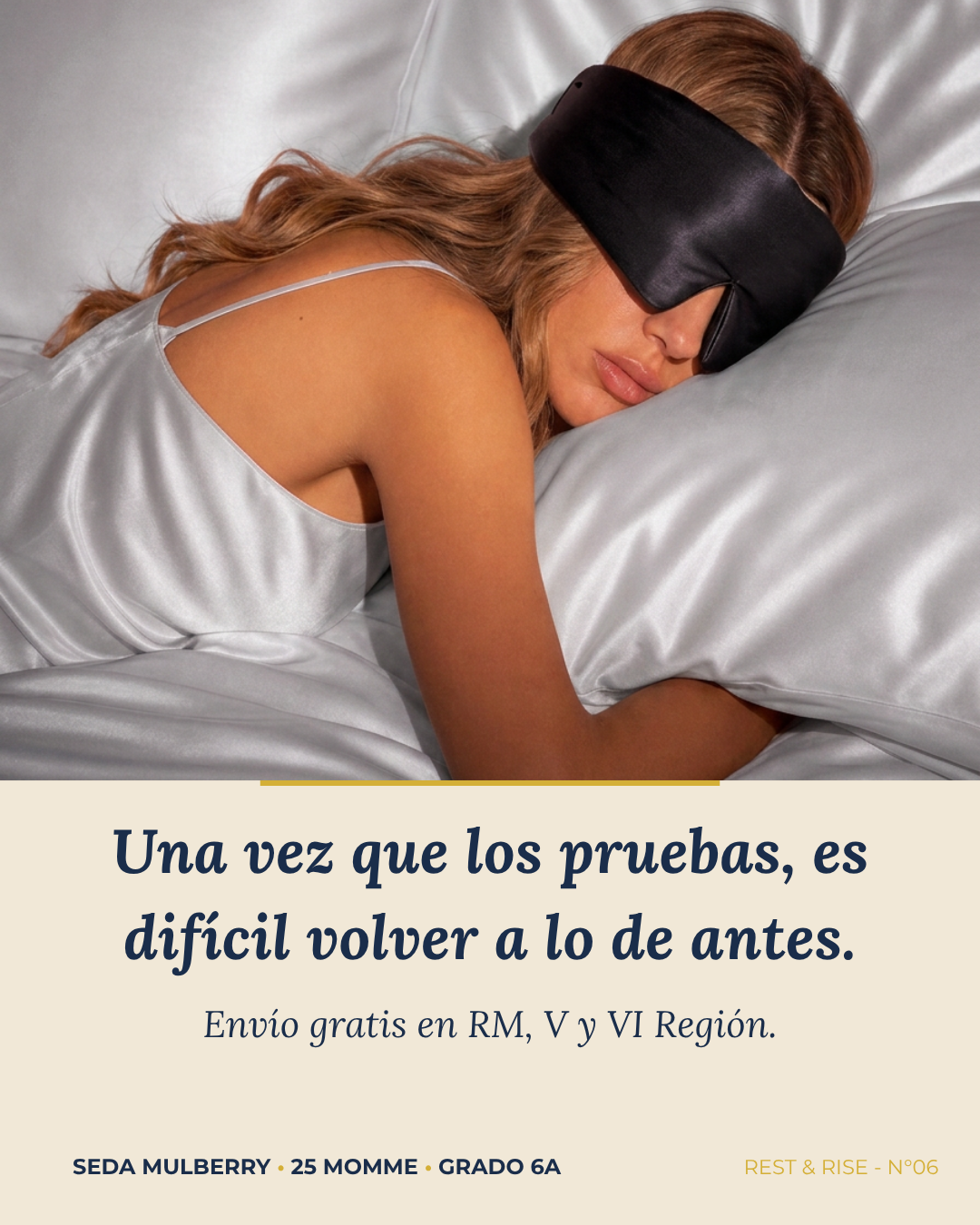 Mujer durmiendo de lado sobre almohada de seda con antifaz. Envío gratis en RM, V y VI Región.