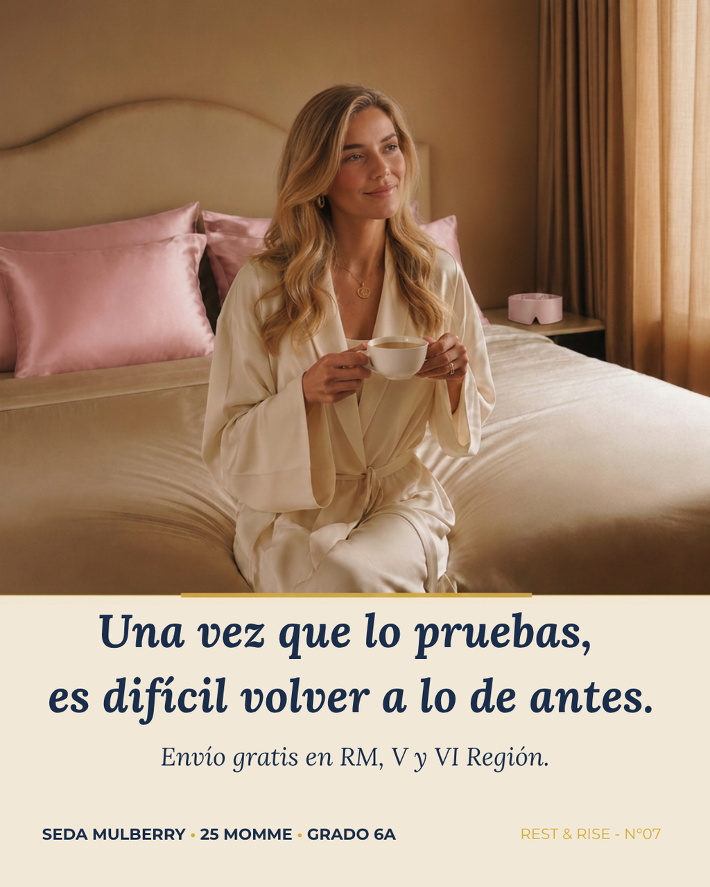 Mujer en la cama con funda de seda Rosa Atardecer. Envío gratis en RM, V y VI Región.