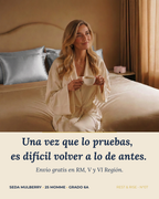 Mujer en la cama con funda de seda Espejo del Salar. Envío gratis en RM, V y VI Región.